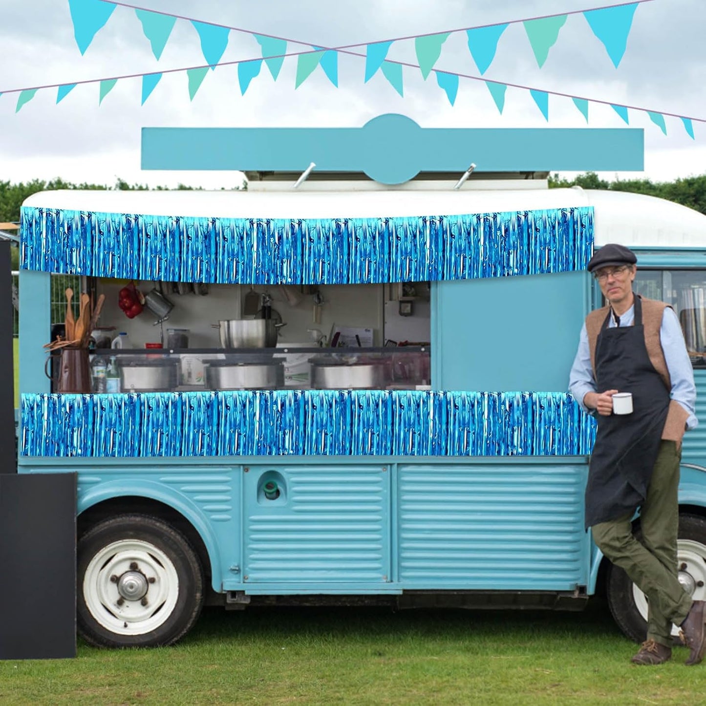 4 Pack 10 Feet Lake Blue Foil Fringe Garland Metallic Tinsel Streamers Banner Wall Hanging Curtain Backdrop for Parade Floats, Wedding, Graduate, Mother's Day, Birthday Party Decoration