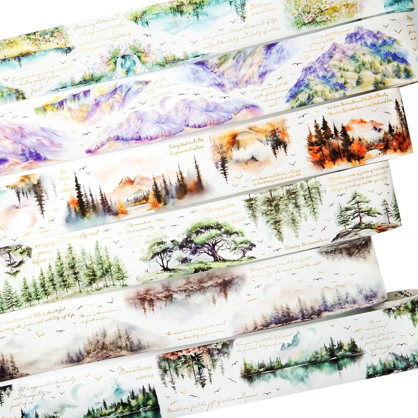 Mountain Forest Washi Tape Set, 6 Rolls with Poetic Text and Gold Foil Accents, Includes Clip for Scrapbooking, Journaling, and Planner Supplies