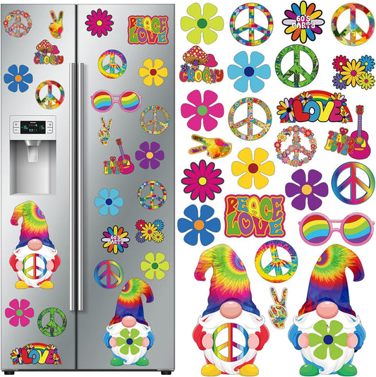 25 Pieces Car Magnet Decorations 60s Hippie Theme Party Magnetic Decals Fridge Magnets Flower Peace Car Magnetic Sticker Love Sign Colorful Hippie Decals for Refrigerator Mailbox Decor