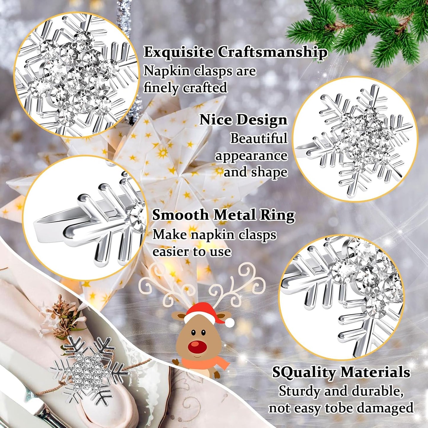 Halatool Christmas Napkin Rings Set of 12, Silver Snowflake with White Rhinestone Napkin Holder for Christmas Thanksgiving Winter Holiday Place Setting, Weddings, Party Table Decoration