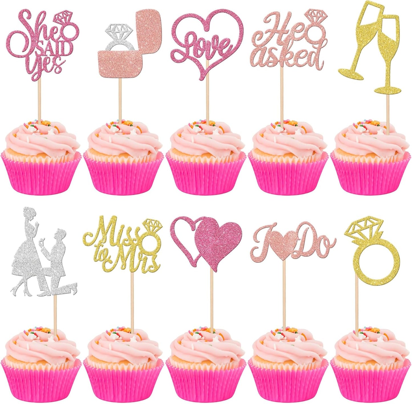 30 PCS He Asked She Said Yes Cupcake Toppers Glitter Miss to Mrs I Do Love Heart Ring Cupcake Picks Wedding Engagement Cake Decorations for Wedding Engagement Bridal Shower Party Supplies Colorful