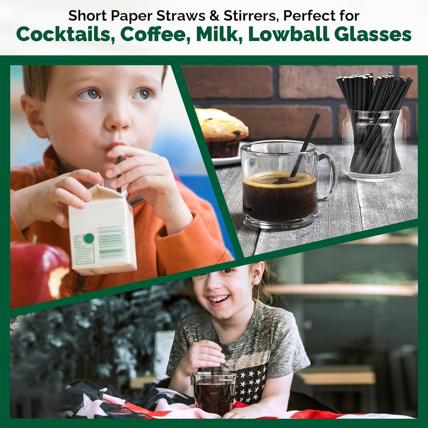 [400 Pack] Chunspak 5.75 inch Disposable Black Paper Cocktail Straws, Paper Bar Stirrers - Individually Wrapped