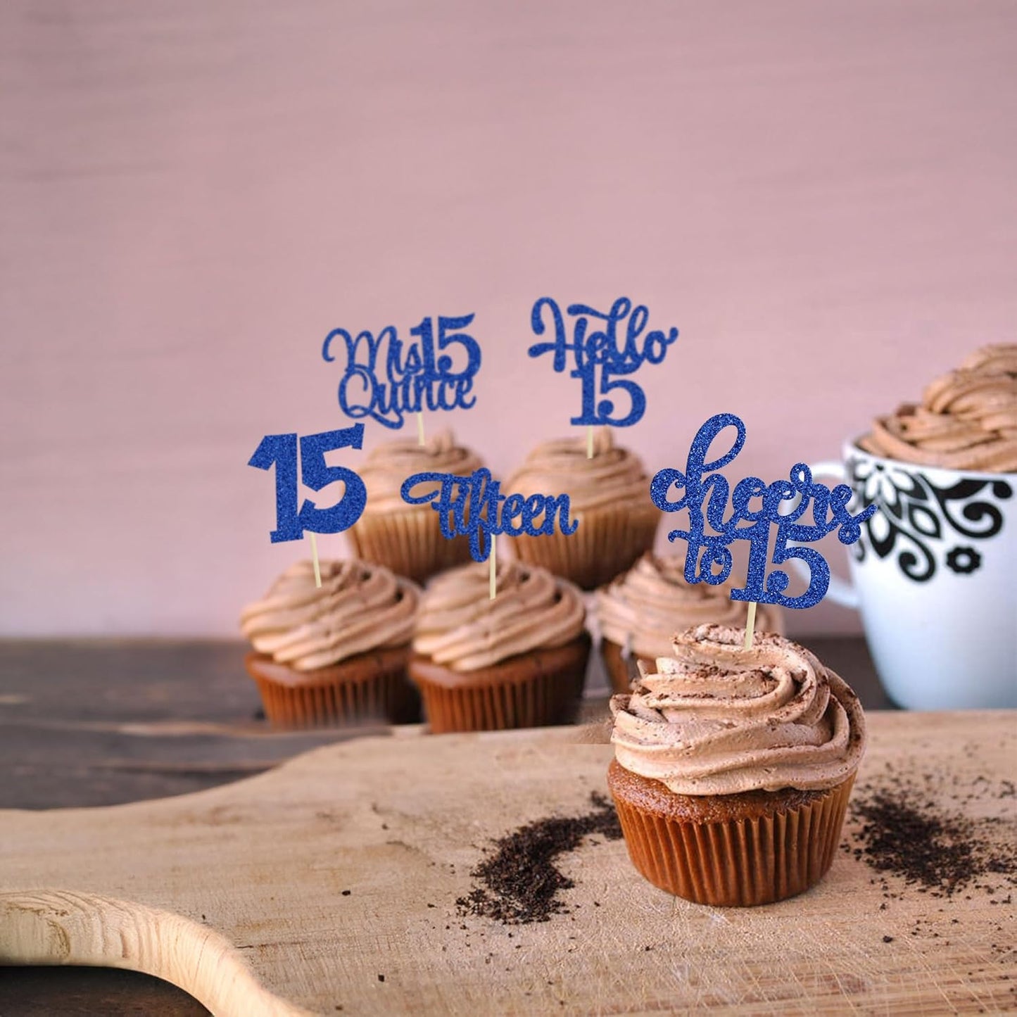 30Pcs 15th Birthday Cupcake Toppers Fifteen Cupcake Picks Cheers to 15 Years Old Mis Quince 15 Cake Decorations for 15th Birthday Anniversary Party Deep Blue Glitter