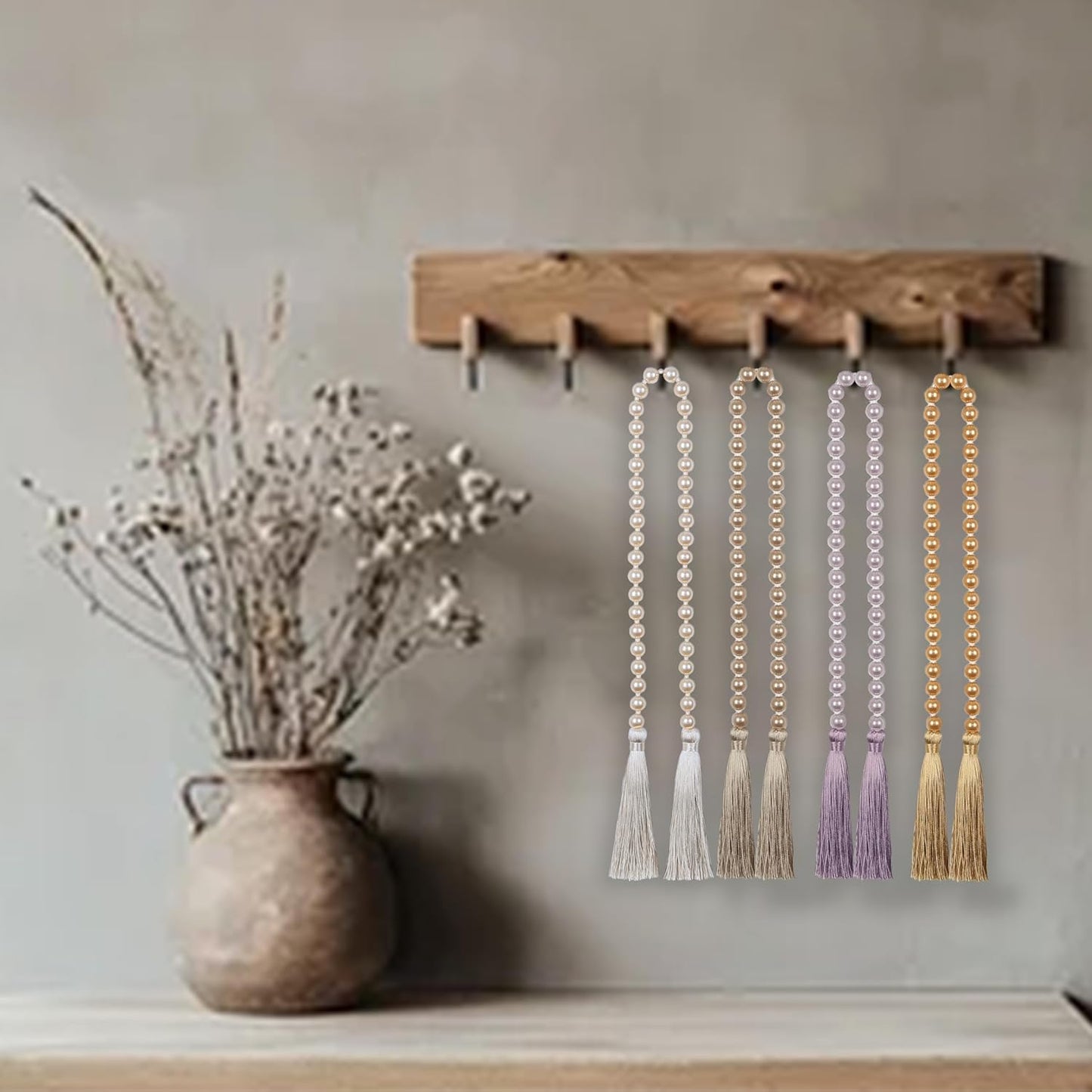 Fenghuangwu 34 Inch Pearl Glass Bead Garland with Tassels - Elegant Boho Table Decor, Fringe Wall Hanging for Wedding, Party, Farmhouse Rustic Prayer Bead Home Decoration(1 Pack,Gold)