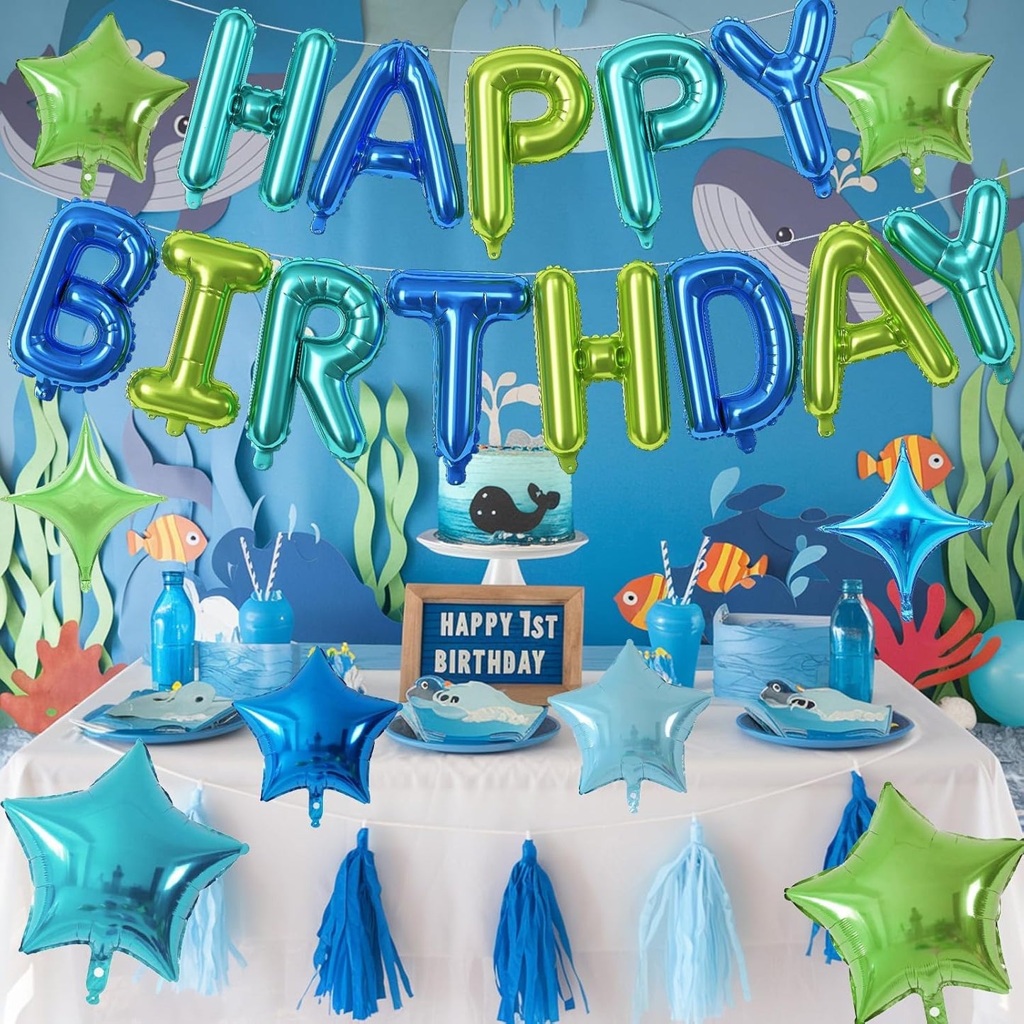 Happy Birthday Balloon Banner Blue Green, 16 Inch Mylar Foil Letter Balloons, Reusable Birthday Decorations with 8 Pcs Blue and Green Foil Balloons, Inflatable Party Supplies for Men Women Girls