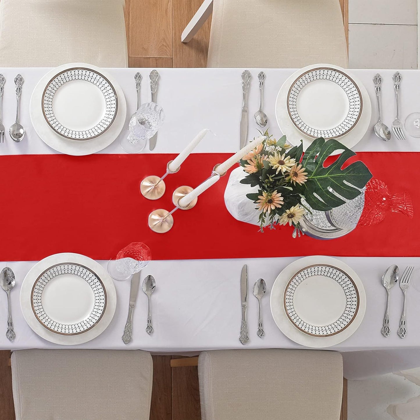12Pack Table Runner 12 x 108 Inches Satin Silk Table Runner for Wedding, Birthday Party, Banquets, Graduations Decoration, fit Rectange and Round Table-Scarlet