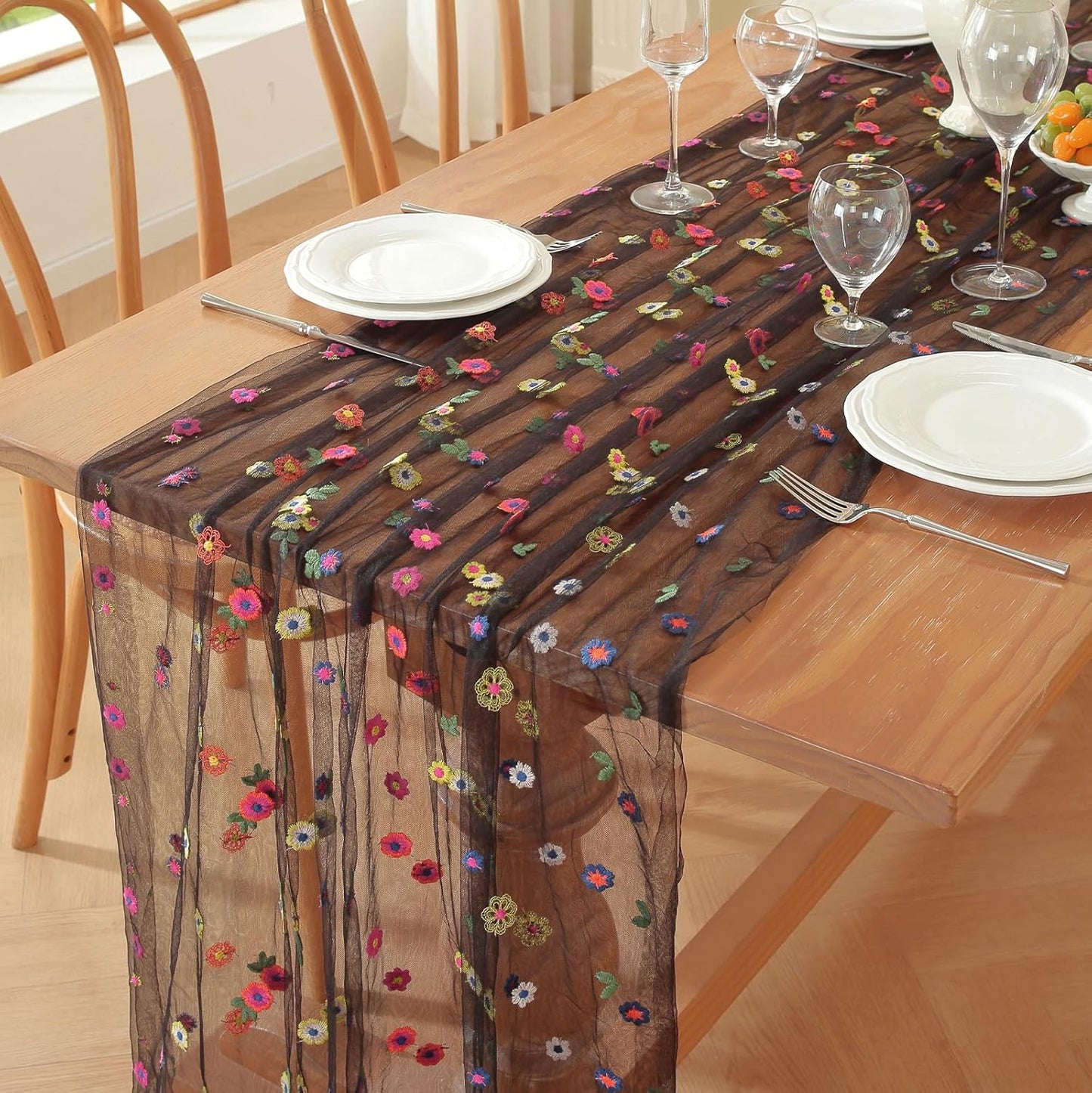 Black Embroidery Daisy Fall Table Runner 120Inch 10FT Florals Soft Sheer Tulle Fabric Table Runner for Home Decor, Brithday, Wedding, Baby Shower ,Holiday ,Parties, DIY Craft,3PC