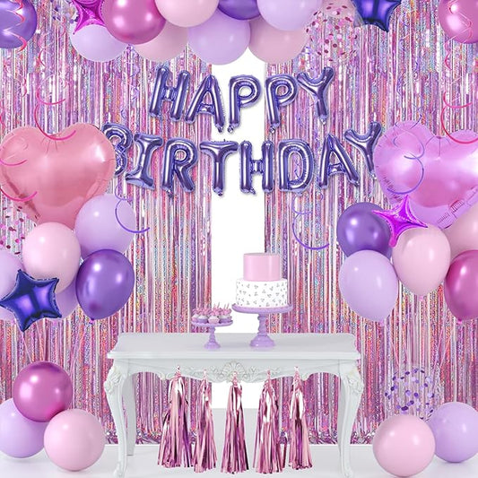 Pink Purple Birthday Decorations - Confetti Purple Birthday Balloons Set, HappyBirthday Foil Balloons, Curtain, Swirls and Tassel for Princess Women Girls