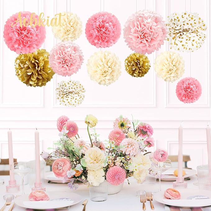 AOBKIAT Birthday Decorations for Girls Women,12PCS Pink Gold Tissue Paper Pom Poms,for Party,Wedding,Baby Shower,Bridal Shower,Princess Party