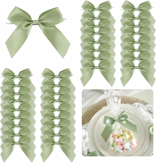 3.5" Sage Green Bow Satin Pre-Tied Bows for Gift Wrapping, Small Bows for Crafts, Premade Bows, Candy Apple Bows, Twist Tie Bows for Cake Decorating, Party Favor, Wedding Decoration-36 Counts