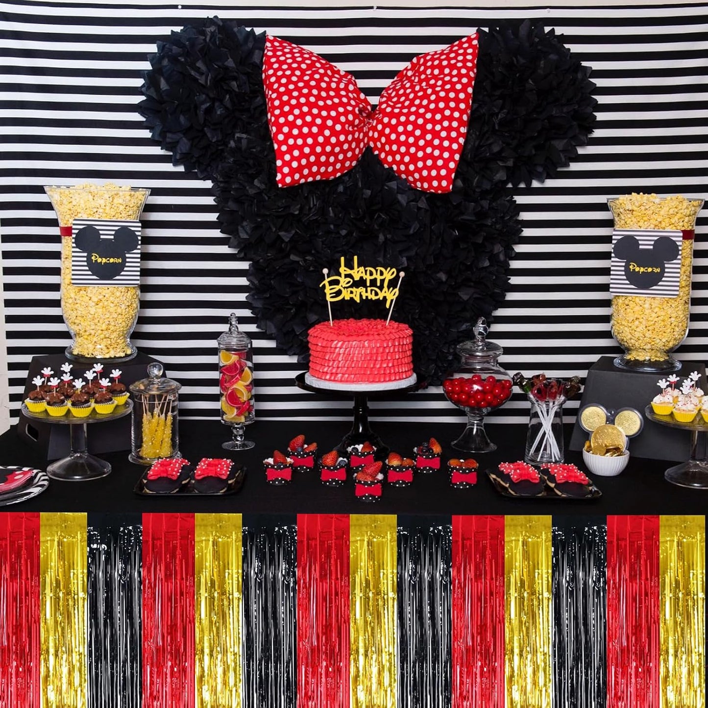 BEISHIDA 2 Pack Red Gold Black Table Skirts Party Decorations Metallic Tinsel Foil Fringe Decors for Rectangle and Round Table Graduation Casino New Year Mouse Theme Birthday Party Decorations