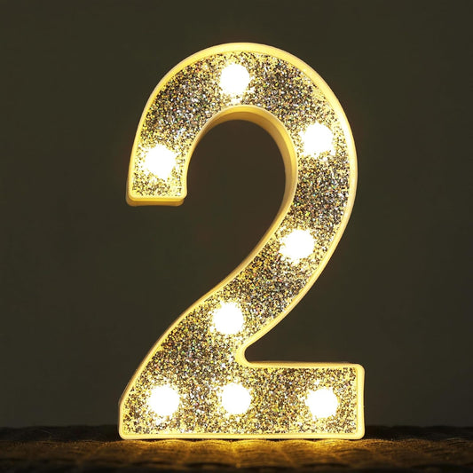 Marquee Light Letters for Table Decorations, Glitter Light Up Signs for Prom, Events, or Engagement Party Decor, Featuring Alphabet & Number Lighted Letters, Number 2
