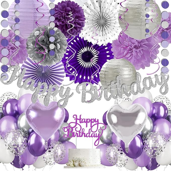 Purple Silver Birthday Party Decorations Kit with Happy Birthday Banner, Paper Lanterns, Streamers, Tissue Pom Poms, Honeycomb Flower Fans, Silver and Purple Balloons, & More for Women Girls' Party