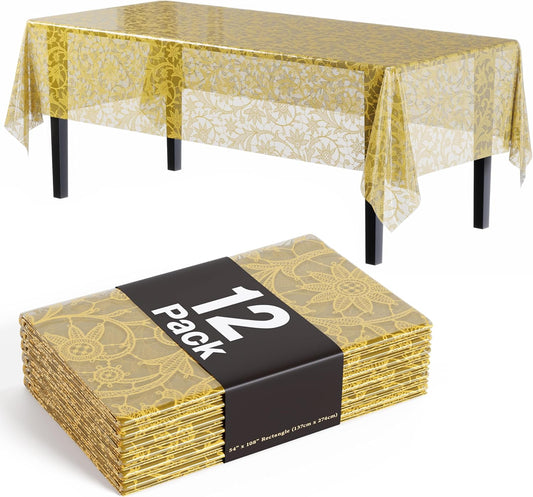 Exquisite Lace Table Cloth Rectangle Table Plastic 12-Pack Lace Tablecloth Rectangular 54" X 108" | Clear & Gold Floral Tablecloth Disposable | Wild Flower Party Decorations & Party Supplies
