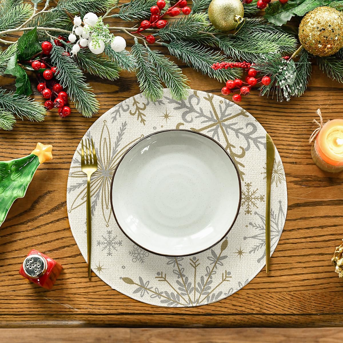 Artoid Mode Beige Snowflake Let It Snow Winter Placemats Set of 4, 15 Inch Seasonal Christmas Xmas Round Table Mats for Dining Decoration