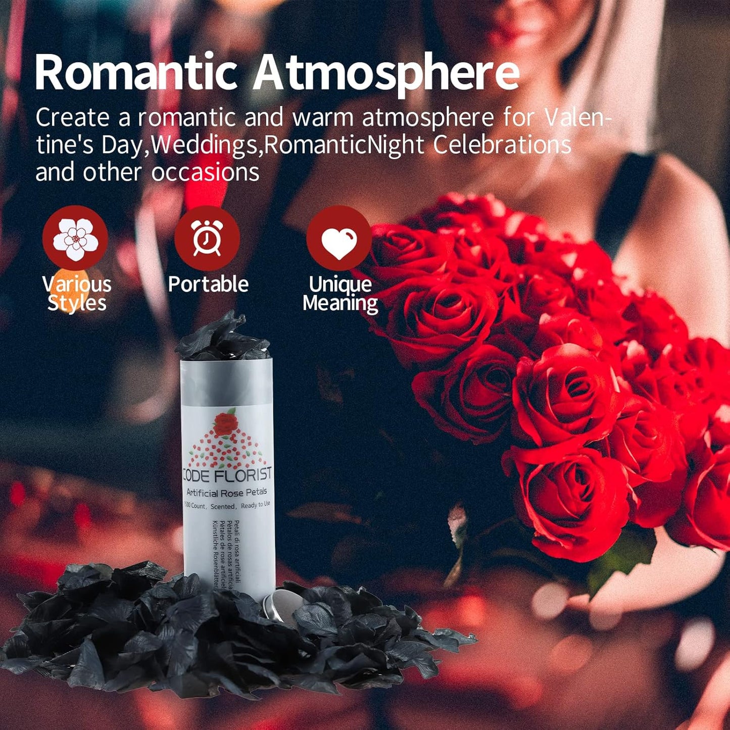 CODE FLORIST 1100 PCS Black Silk Rose Petals for Valentine's Day,Romantic Night,Wedding,Proposal Anniversary Flower Decorations(Separated,Scented)