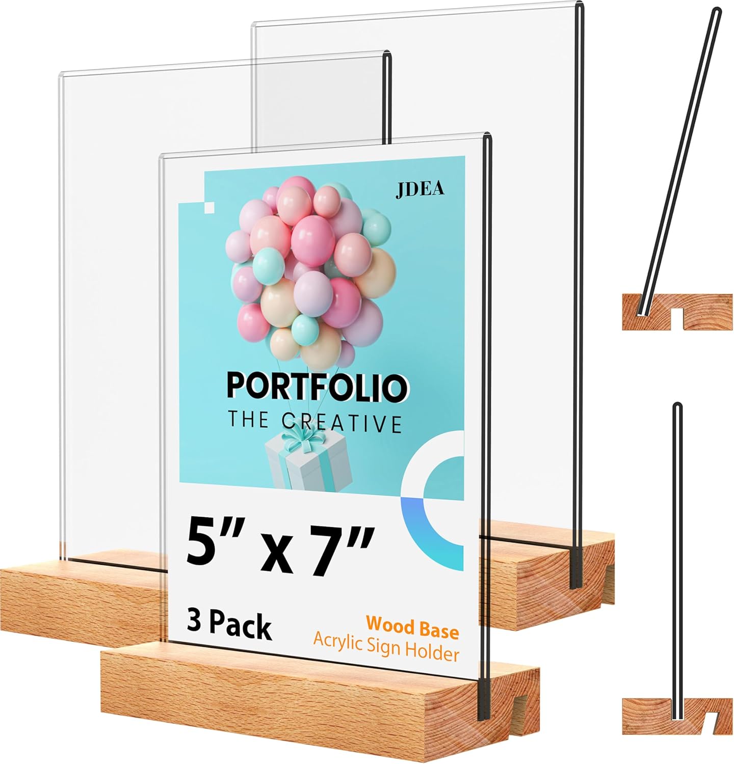 5x7 Inch Acrylic Sign Holder with Wood Base Vertical and Slant Displays(3 Pack 5*7")