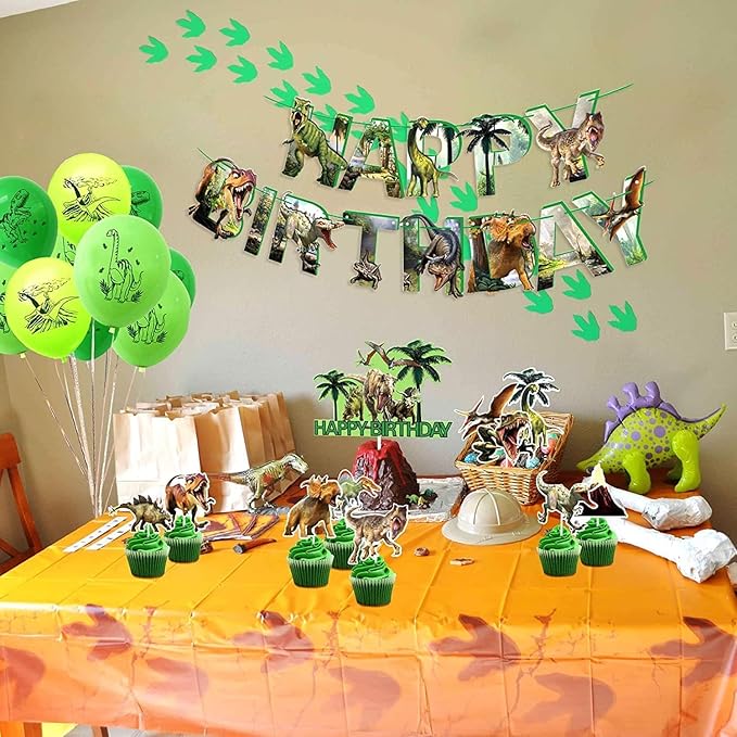 Dinosaur Birthday Decorations – Dino Theme Party Supplies with Happy Birthday Banner, 24 Balloons, 16 Cupcake & Cake Toppers, Ribbons – Dinosaur Balloons & Decorations for Kids