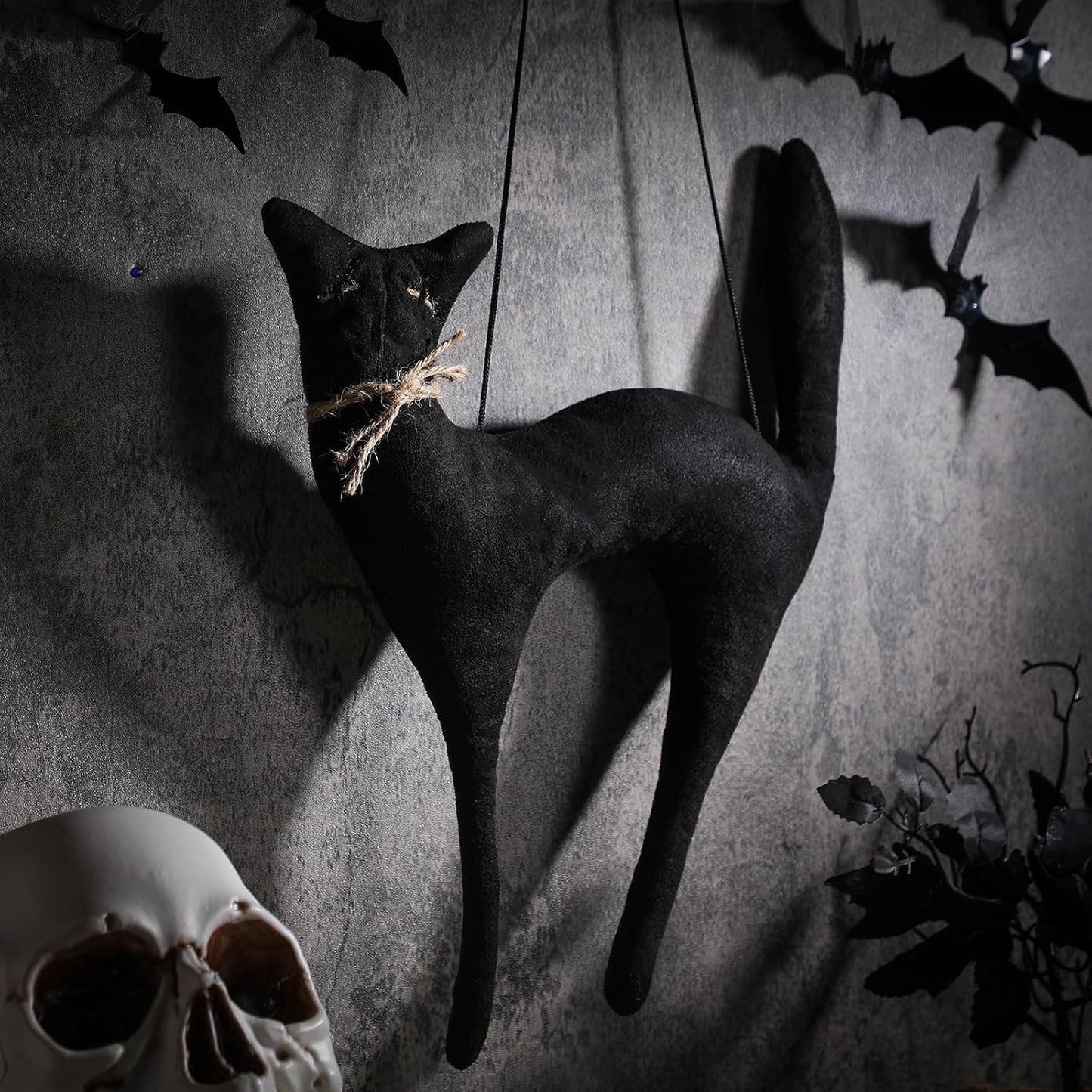 Suhine 16 Inch Halloween Black Cat Hanging Decoration Vintage Rustic Black Cat Wall Ornament Hanging Gifts Primitiva Retro Farmhouse Halloween Decoration for Door Indoor Wall Outdoor