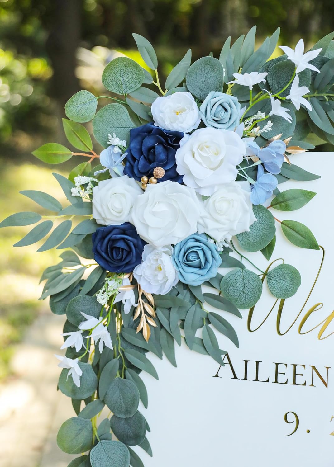 Artificial Dusty Blue Wedding Arch Flower Swags Set of 2 for Welcome Signs Floral and Wedding Reception Ceremony Decorations, White Flowers Decor