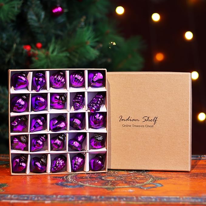 IndianShelf 300 Pieces Purple Glass Vintage Christmas Ornaments Mini Bulk Decorative Ornaments for Halloween, Christmas Tree, New Year, Valentine Day, Holidays, Event and Wedding (25 * 12 Boxes)