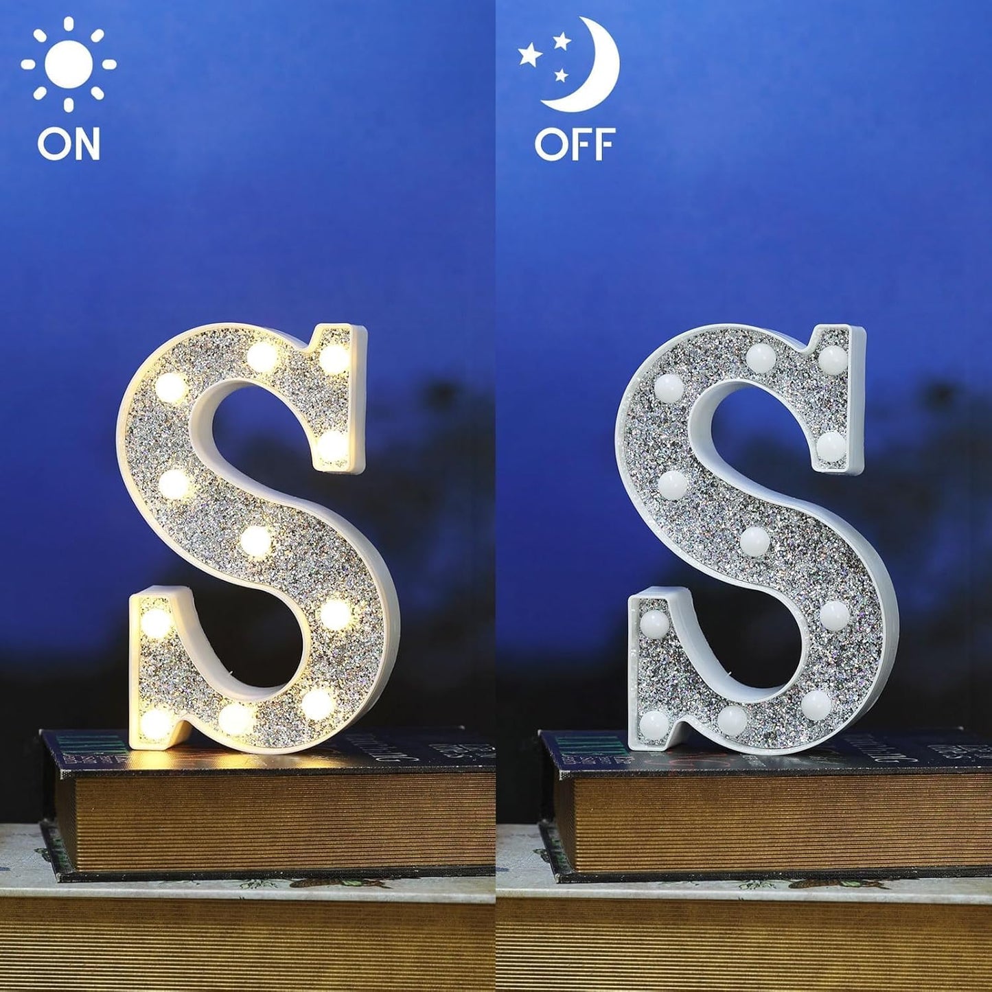 Light Up Letter S - Marquee Alphabet Sign with Glitter Frame, Battery Operated Table Decor for Prom, Engagement Party, Wedding, Birthday, Home Decor (Gold/White)
