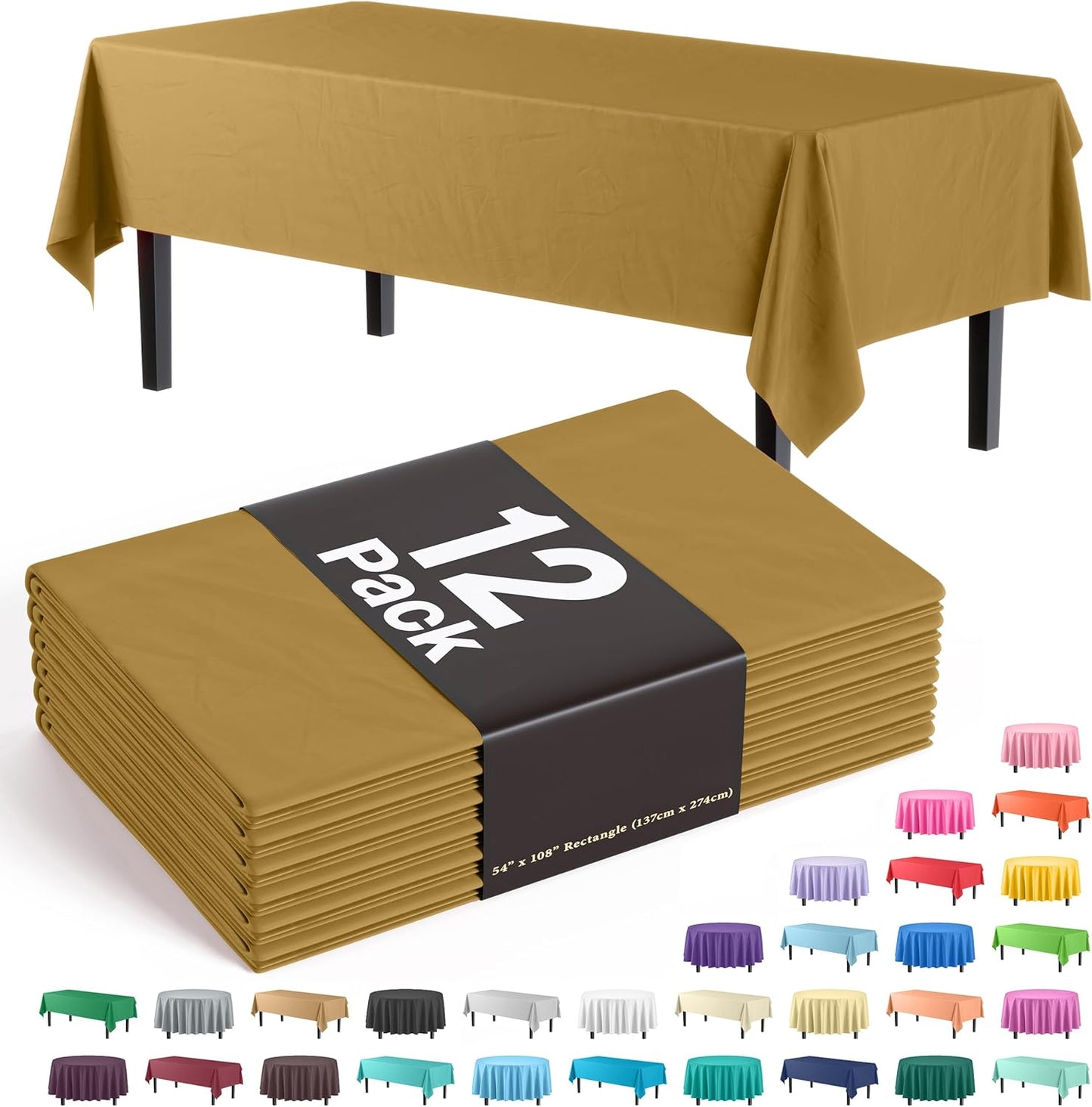 Party Solids Pack Of 12 Premium Plastic Tablecloth 54 Inch x 108 Inch Rectangle Table Cover - Gold