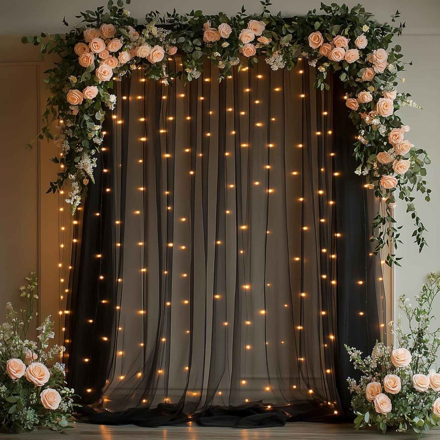 10x10ft Black Tulle Backdrop Curtain with String Lights, Wrinkle-Free Sheer Wedding Backdrop for Birthday Parties, Baby Showers, Bridal Showers, Photo Shoots and Home Decorations, Black