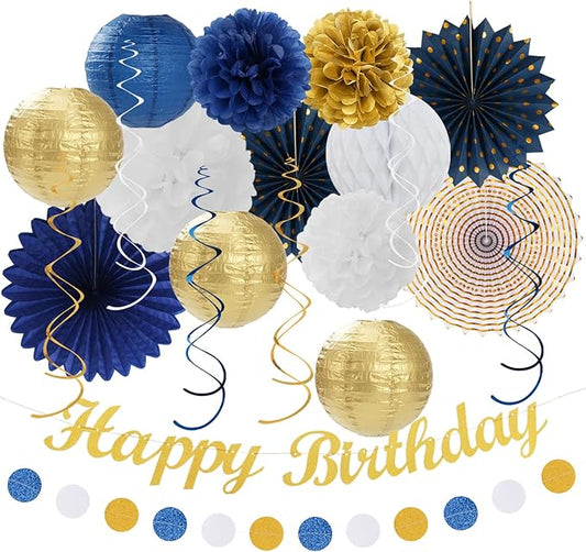 Navy-Blue White Gold Birthday Party-decorations - 21pcs Men Boys Adult Happy Banner Garland, Royal Paper Streamers Lanterns,Flower Tissue Pom Poms Fan Supplies, Wall Backdrop Decor Huglony