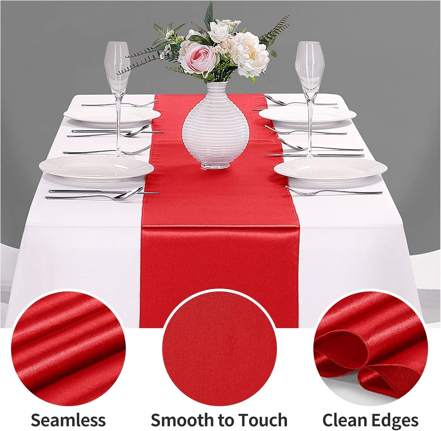 5-Pack Satin Table Runner Red 12 x 108 inches Long, Table Runners for Wedding, Birthday Parties, Banquets Decorations（5 Pack, 12x108 Inch, Red）