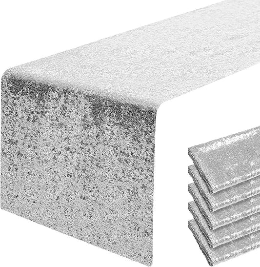 6 Packs 12 x 72 inches Silver Sequin Table Runner, Glitter Runner for Birthday Party Supplies Decorations Wedding Bachelorette Holiday Celebration Bridal Shower Baby Shower