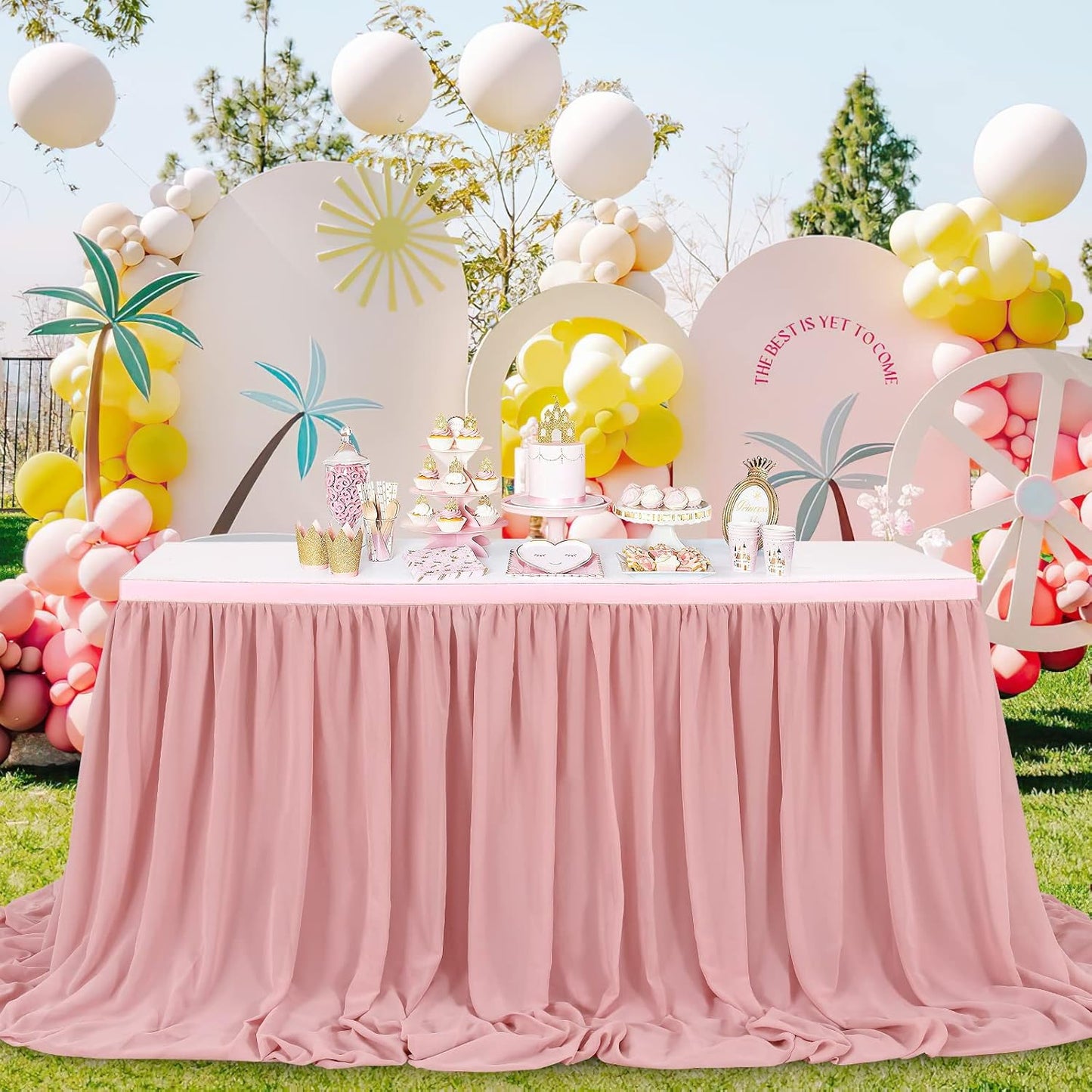 14FT Dusty Rose Chiffon Table Skirt Sheer Rectangle Tablecloth for Wedding 1st Baby Girl Birthday Party Bridal Shower Decoration