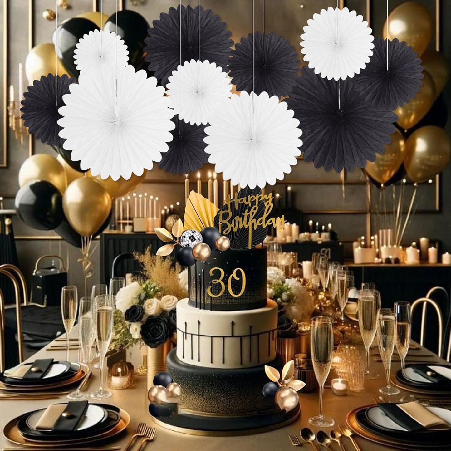 20 Pcs Black White Hanging Paper Fan, Hanging Honeycomb Round Paper Fans for Weddings, Birthdays, Christmas, Baby Showers, Classroom, Events Ceiling Party Supplies Decorations