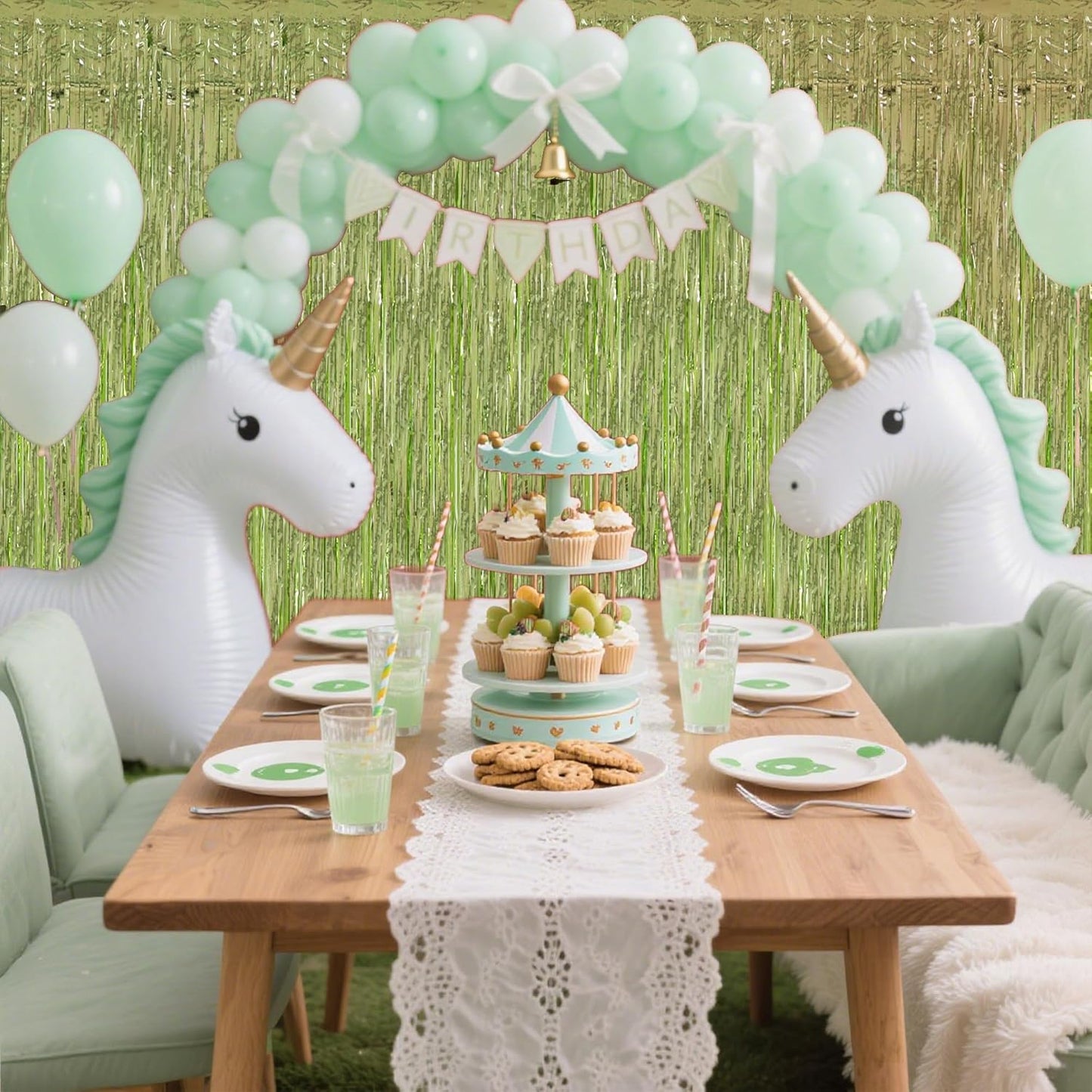 TONIFUL 3Pcs Light Green Door Streamers,Green Photo Booth Backdrop,Metallic Streamers Green Foil Fringe Curtains for Birthday,Christmas,New Year,St. Patrick's Day Party Streamers Decor