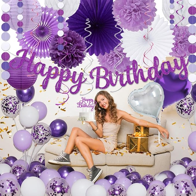 Purple Birthday Decorations for Women Girls,Happy Banner,Lilac Paper Lanterns Tissue Pom Poms Flower Fan,Purple White Balloon Décor For 40th 50th Anniversary Princess Backdrop Party Supplies