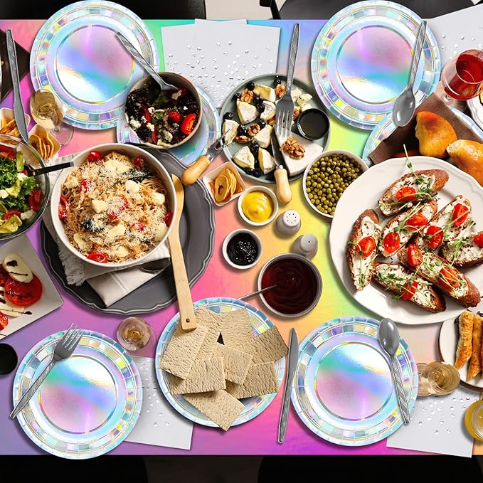 Iridescent Party Supplies Decorations, Holographic Paper Plates and Napkins Set, Disposable Iridescent Paper Plates Cups Knives Spoons Fork Straw for Mermaid Birthday Wedding Party, Serve 50