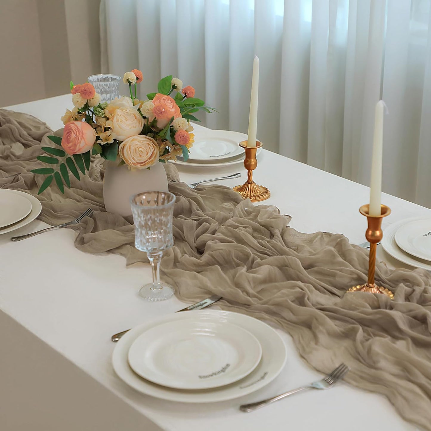 Snowkingdom 10 FT Nude Brown Cheesecloth Table Runner, 120 inch Long Cheese Cloth Boho Rustic Gauze Sheer Runner for Wedding Party Baby Shower Birthday Christmas Holiday Table Decorations
