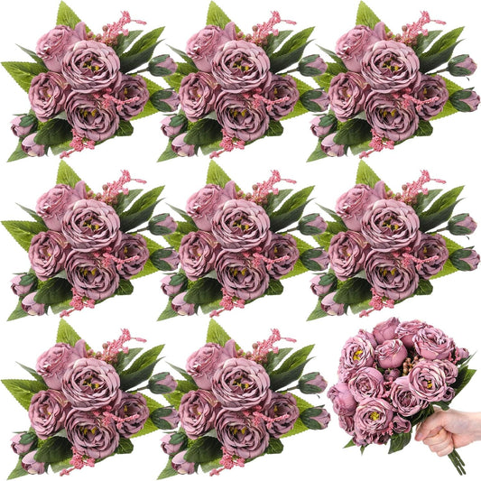 8 Bundles Artificial Peonies Flowers Boho Faux Flowers Arrangements Artificial Centerpiece Spring Bouquet Floral Wedding Decoration for Vase(Dark Purple)