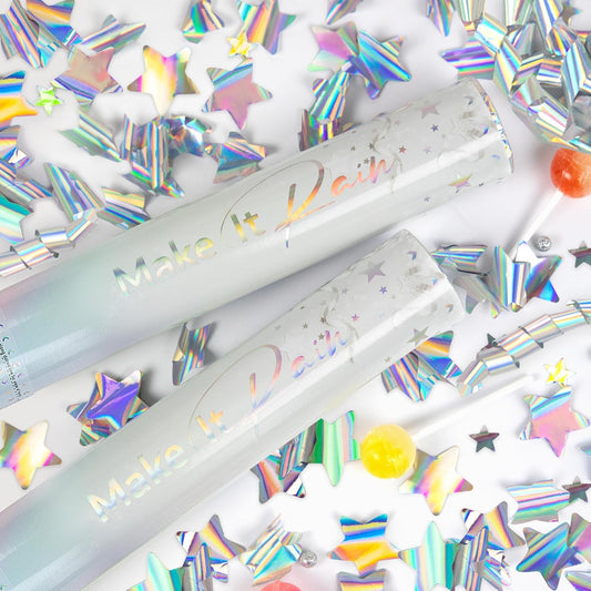 PrimePure Confetti Cannon Party Poppers - Holographic Silver Stars Confetti Popper - 2 Pack - Easy-to-Use Party Cannon - Silver Glitter Star Pop Gun for Graduation, Wedding, Birthday, Prank
