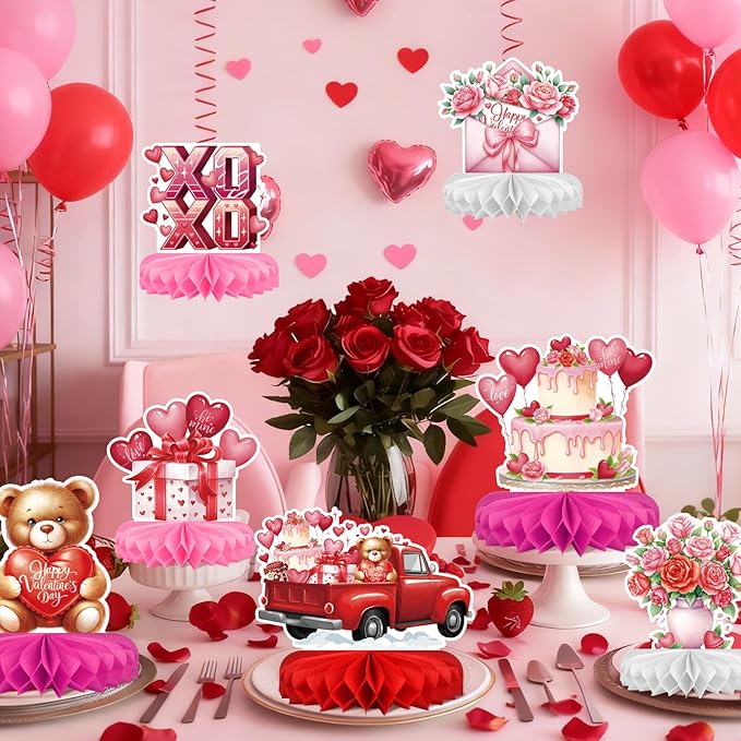 Valentines Day Decorations Set - Heartwarming Valentine's Day Honeycomb Centerpieces & Heart Table Toppers for Classroom Decor, Anniversary & Valentine's Day Party Supplies
