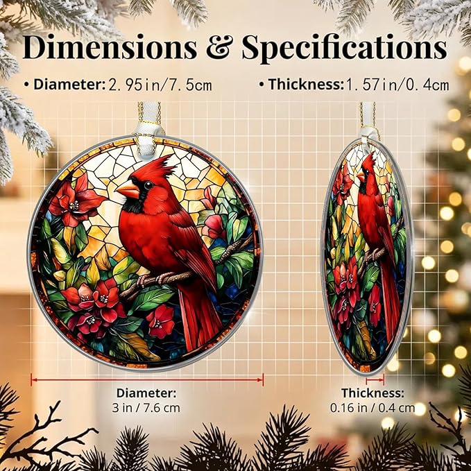 Cardinal Christmas Ornaments 2025, Stained Glass Christmas Tree Decorations, Exchange for Women, Men, Collectible Dated Year Ornaments for Tree - Glass Hanging Ornament