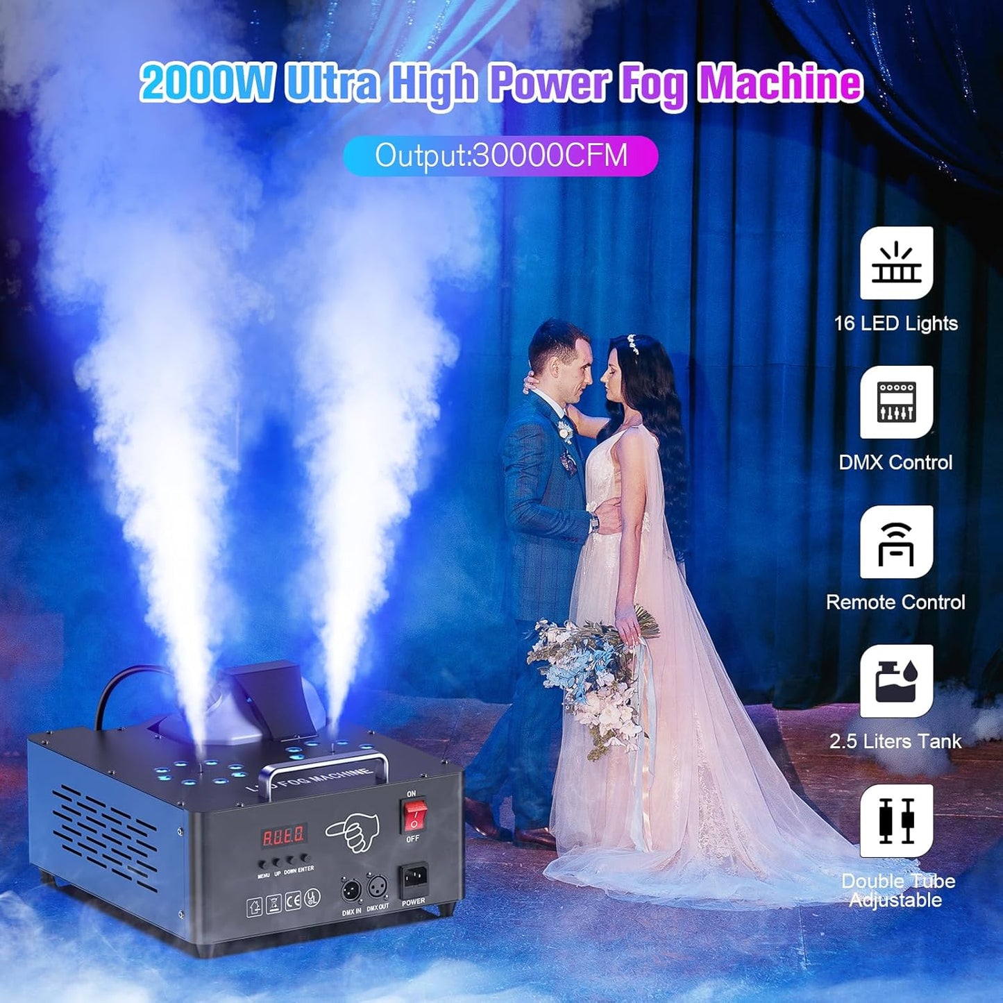 2000W Professional Fog Machine Dual Nozzle with 16 RGB LED, DMX Control Adjustable Smoke Direction, 2.5L Tank LCD Display 30000CFM for Halloween Christmas Stage DJ Party Club Events-4PC