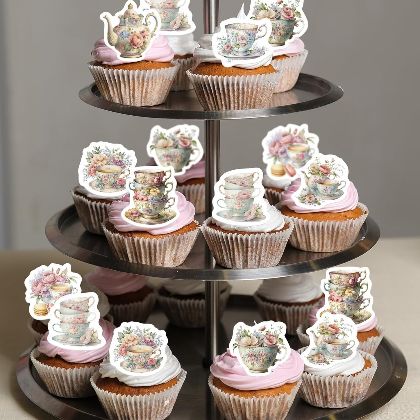 45PCS Edible Tea Party Cupcake Toppers Wafer Paper Teapot Teacup Cupcake Toppers Floral Tea Time Cake Picks Afternoon Tea Decorations for Tea Party Theme Baby Shower Decor Supplies