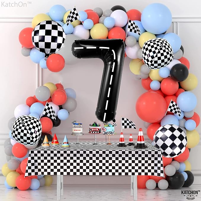 KatchOn Giant Checkered Number 7 Balloon - 40 Inch | 7th Birthday Balloon for 7th Birthday Decorations