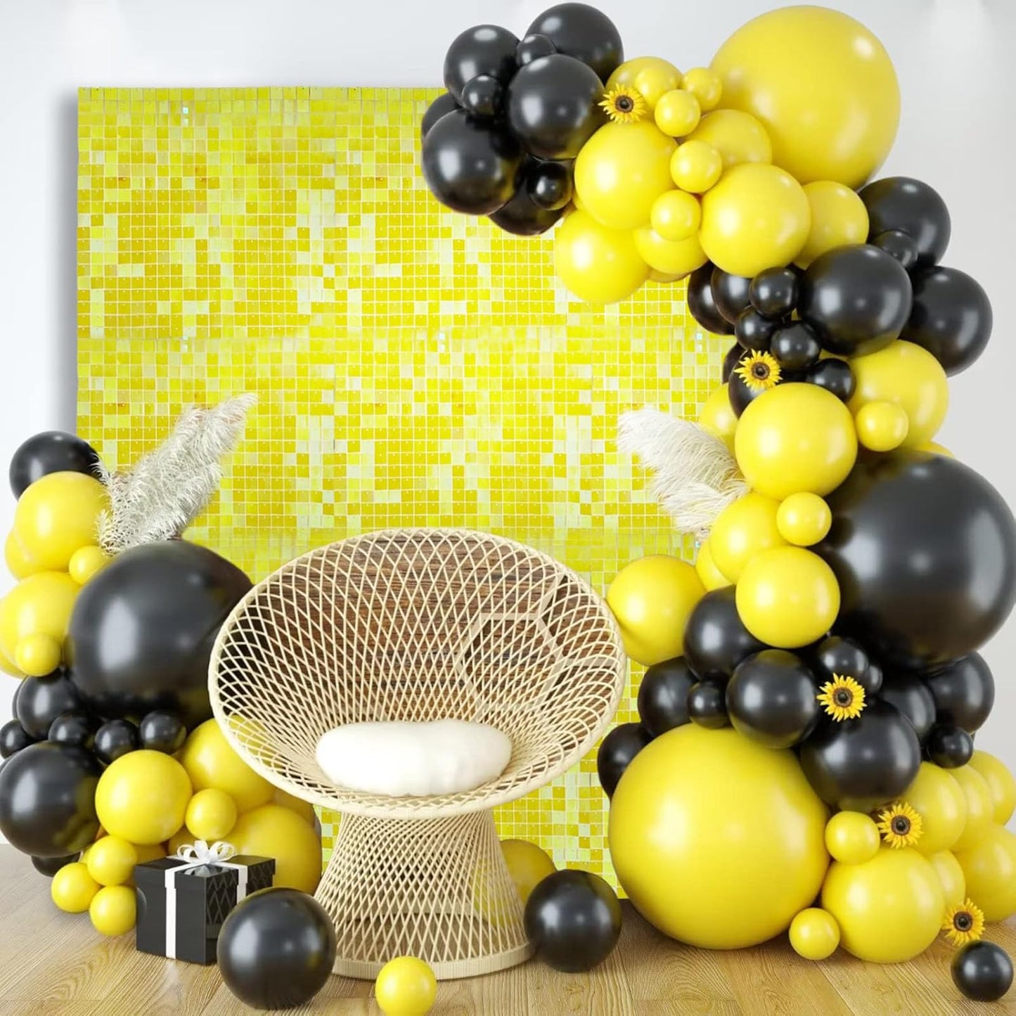 12PCS Colorful Yellow Shimmer Wall Backdrop, Square Sequin Photo Backdrops Panel, Glitter Wall Background for Birthdays, Weddings, Christmas, Engagements, Disco Bachelorette Party Decor (3FTx4FT)
