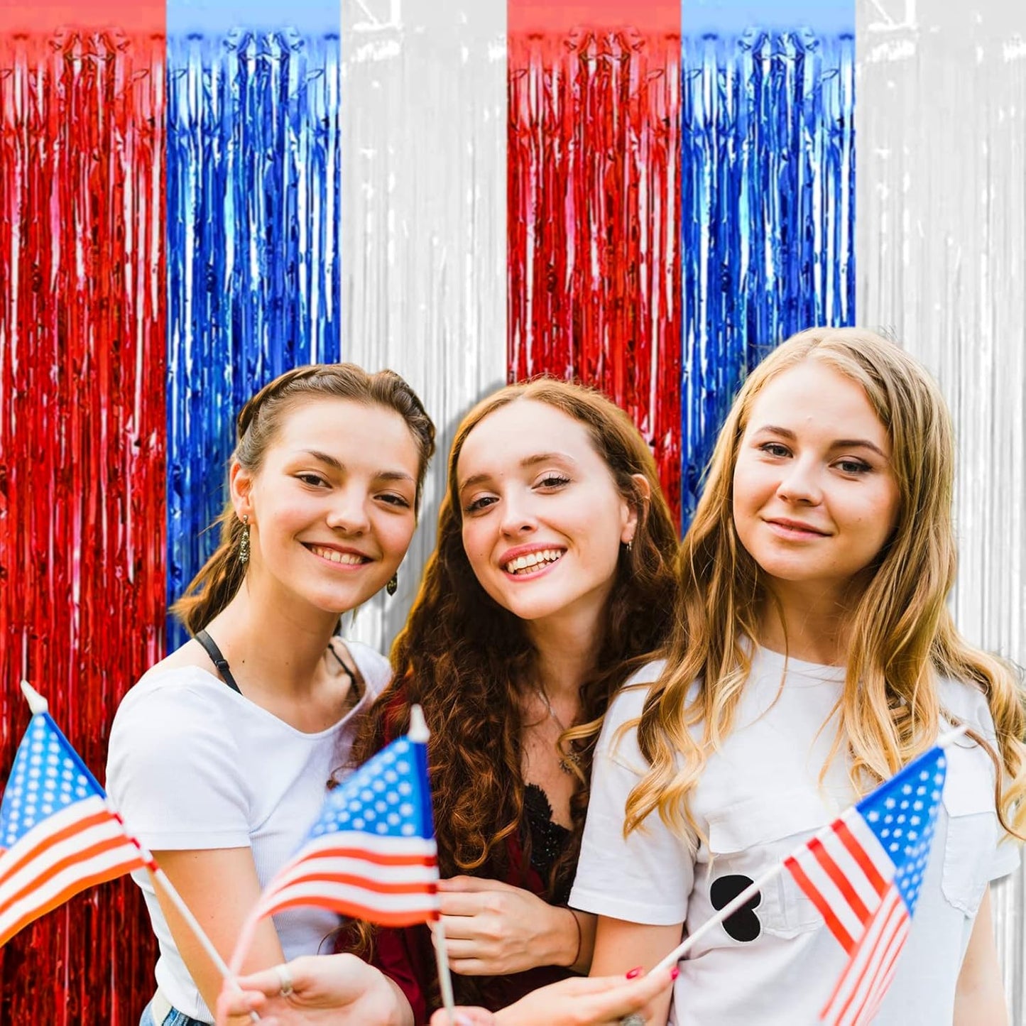 4 Pack Red Blue White Foil Fringe Curtain Backdrop, 3.28Ft x 8.2Ft Metallic Tinsel Foil Fringe Streamers Curtains for Photo Booth, Wedding, Mardi Gras, Birthday, Independence Day Party Decoration