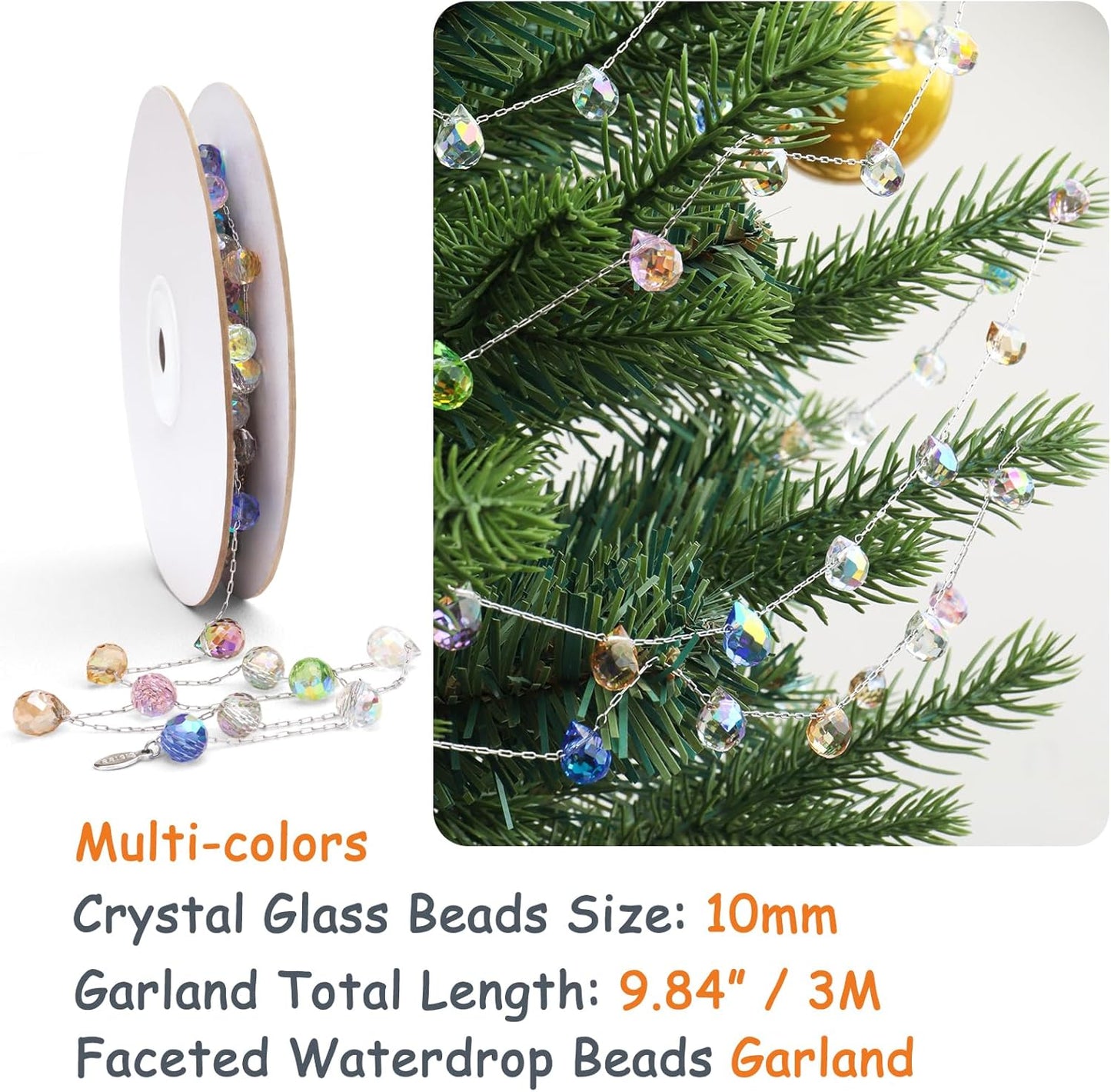 Christmas Garland, 9.8Ft Crystal Glass Beads Strands, 100pcs 10mm Faceted Waterdrop Glass Beads Hanging Ornament for Christmas Tree Centerpieces Wedding Party Decorations (Multicolor)