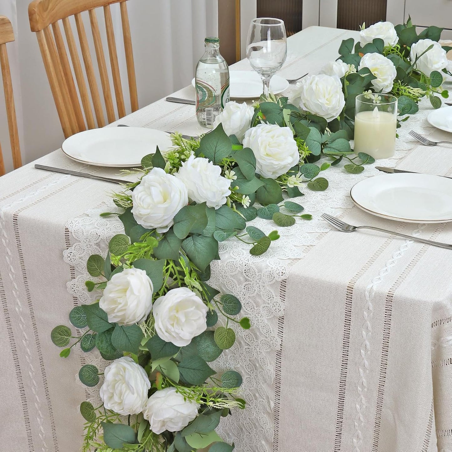 4PCS 6.23FT Artificial Eucalyptus Garland with Peony Flowers Fake Vines Floral Greenery Garland White Peonies Artificial Flowers for Centerpiece Table Runner Wedding Decor (White, 4PCS)