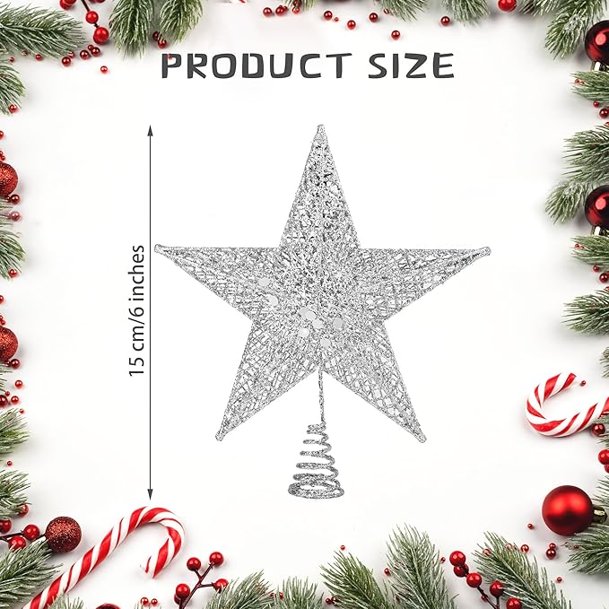 Fovths Christmas Tree Topper 6 Inches Metal Glittered Christmas Tree Topper Wire Star Treetop Sparkle Xmas Decoration for Christmas Tree Ornament Indoor New Year Holiday Party Supplies (Silver)