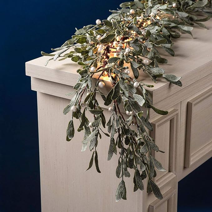 LampLust Lighted Garland Battery Operated, 6 Ft Frosted Mistletoe with Pearl Beads, 100 LED Lights & Timer, Spring Garland for Mantle All Year Round, Farmhouse Dining Table Decor, Spring Table Décor